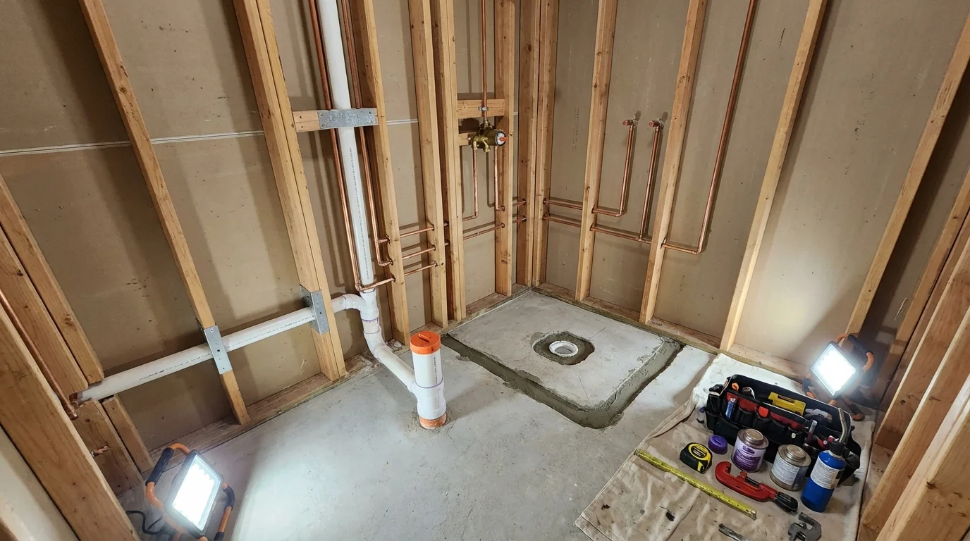 Bathroom rough-in plumbing during remodel by Johns Plumbing LLC in Tonopah