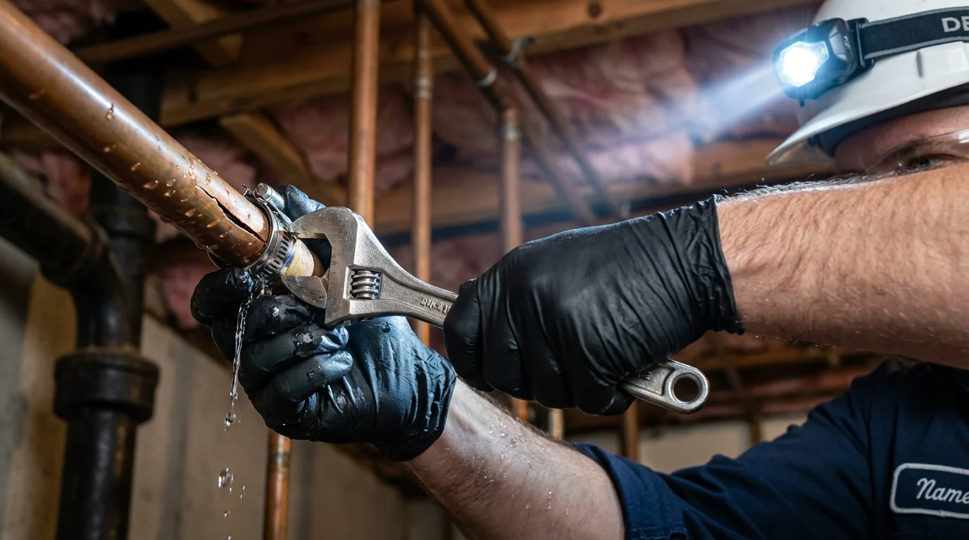 Emergency pipe clamp repair being performed by a Johns Plumbing LLC plumber in Tonopah